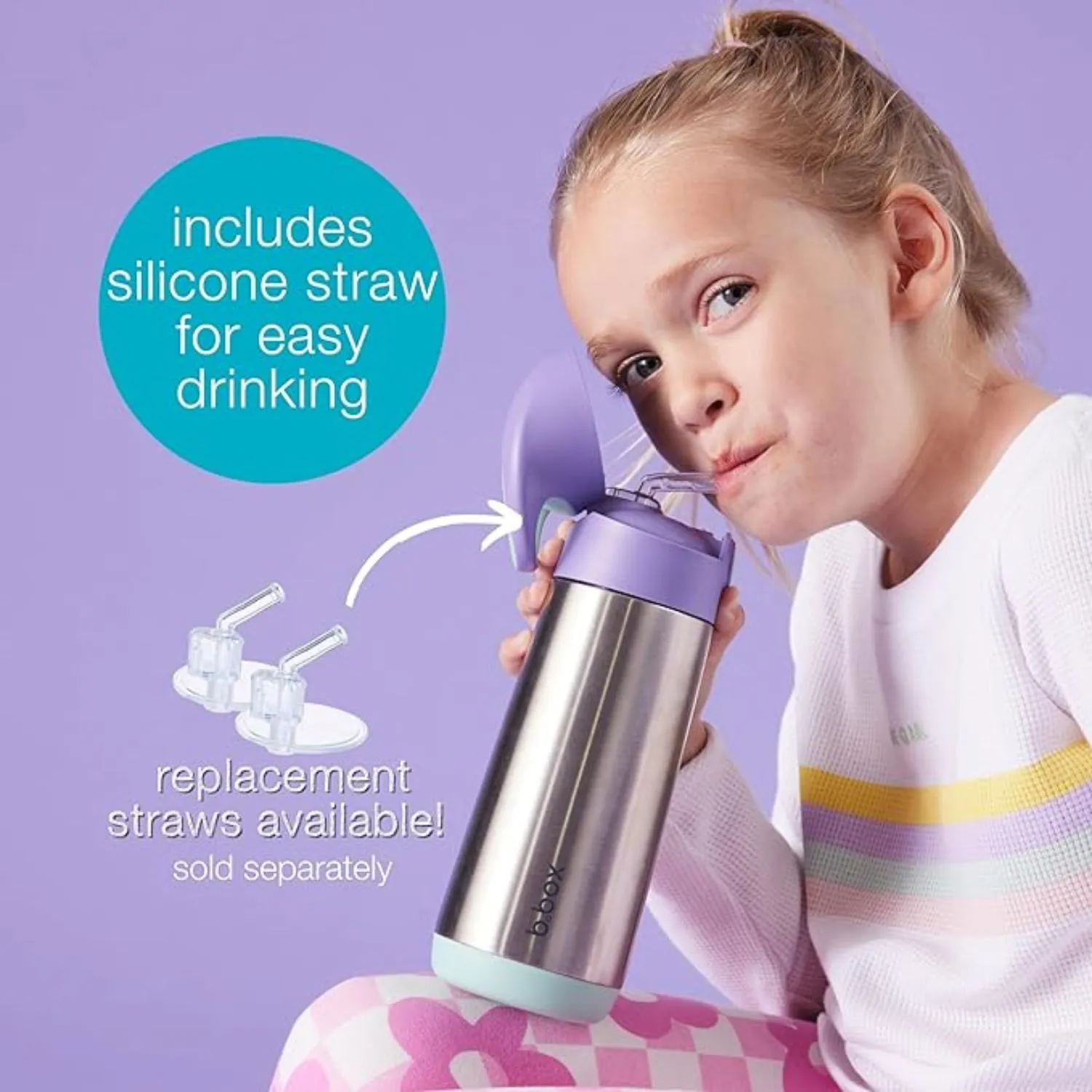 B.box Insulated Straw Sipper Drink Water Bottle, 500ml - Lilac Pop Purple