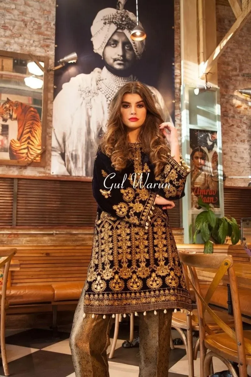 Blue Luxe 2 Pcs Luxury Velvet Dress By Gulwarun
