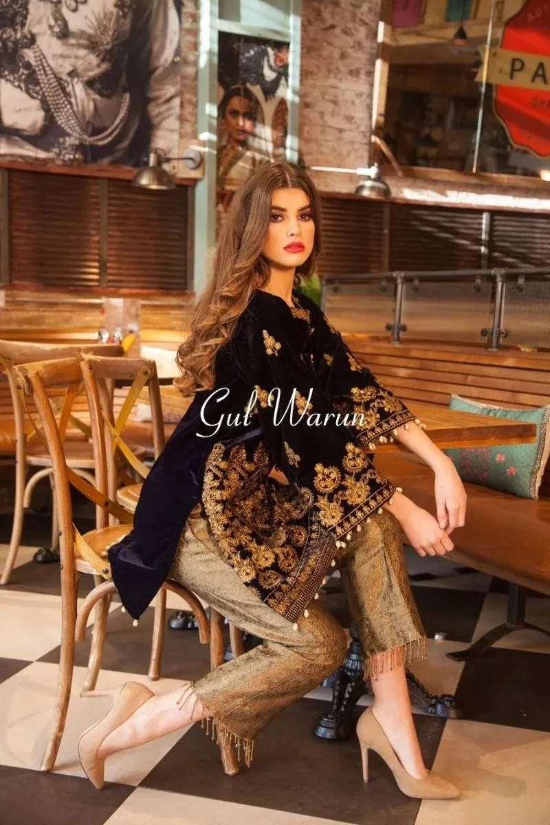 Blue Luxe 2 Pcs Luxury Velvet Dress By Gulwarun