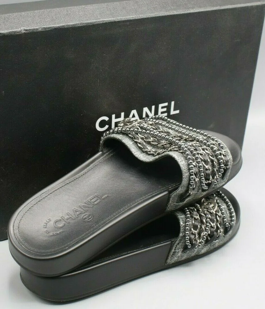 Chanel Women's Tweed Pearl and Chain Black Mules Size 37 / 6.5