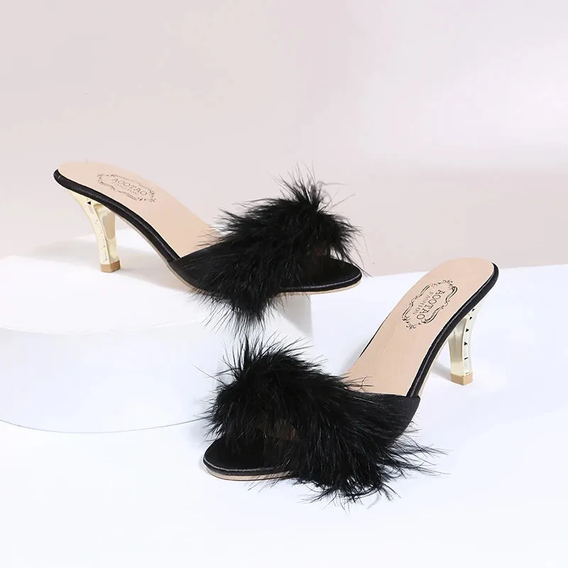 Cute Claudette Marabou Feather and Gold Mules