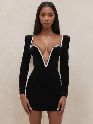 Lila's Long Sleeve Deep V Neck Wired Crystal Padded Shoulder Bodycon Velvet Outfit