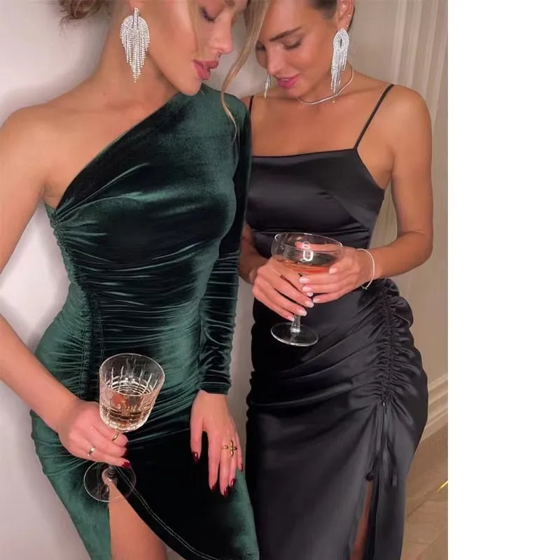 Long Sleeve One Shoulder Ruched Slit Velvet Midi Dress
