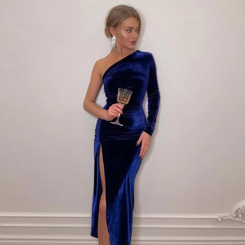 Long Sleeve One Shoulder Ruched Slit Velvet Midi Dress