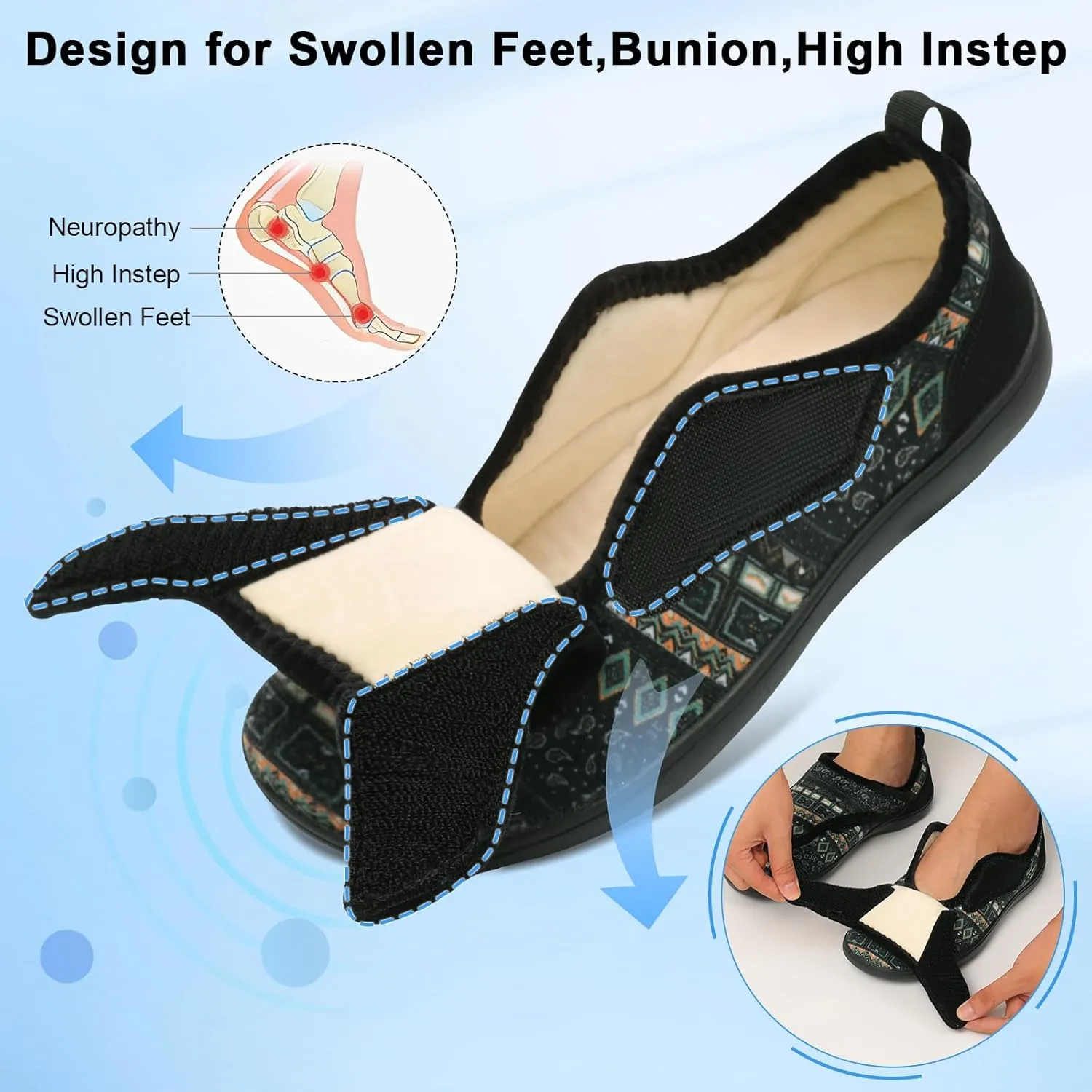 Mens Wide Slippers Comfy Diabetic Orthopedic Shoes Adjustable House Slippers Swollen Feet Walking Shoes