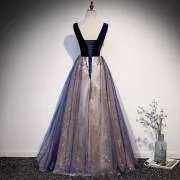 Navy Blue Sparkle Long Evening Dress with Velvet Bodice  M908