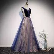 Navy Blue Sparkle Long Evening Dress with Velvet Bodice  M908