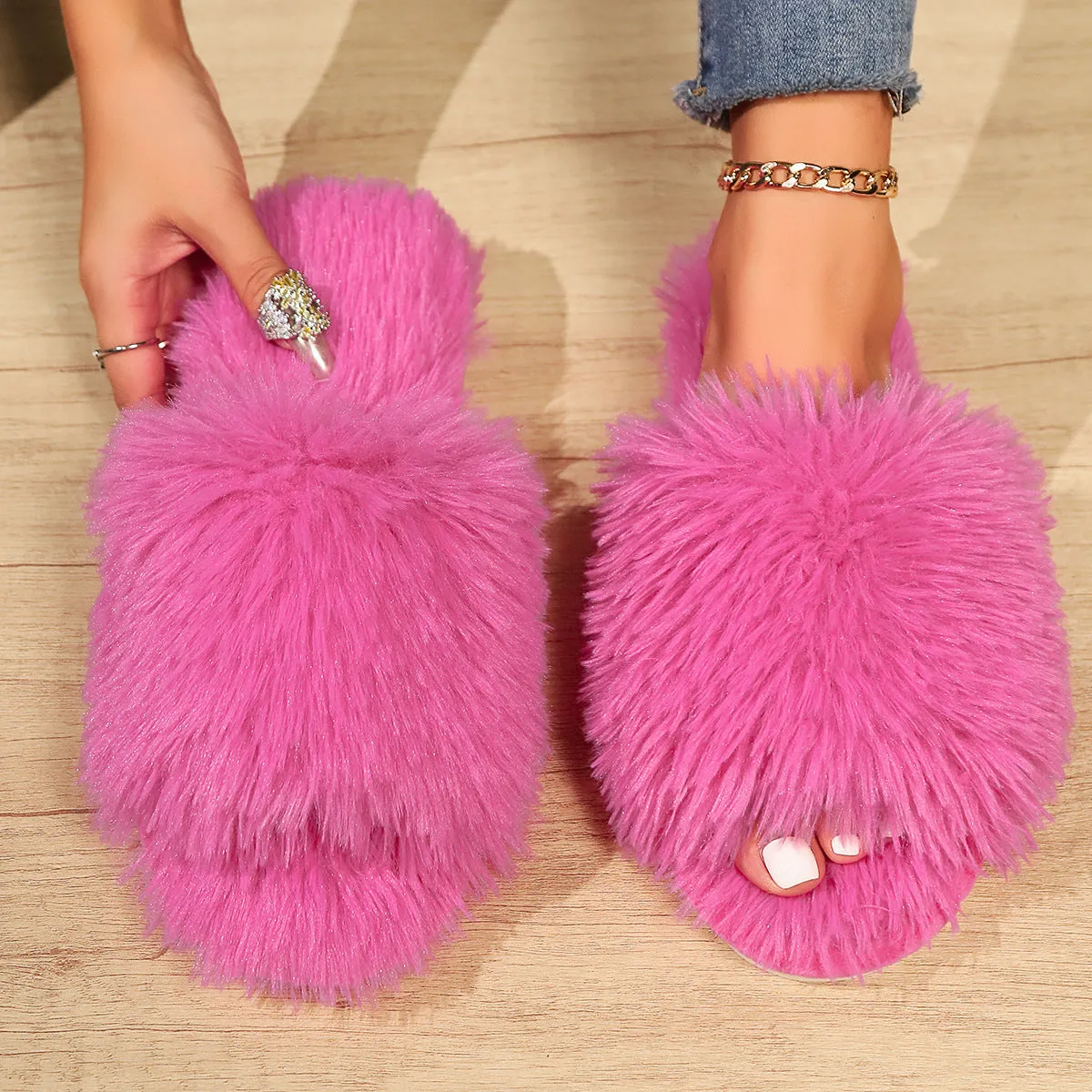 Open-toe Plush Slippers