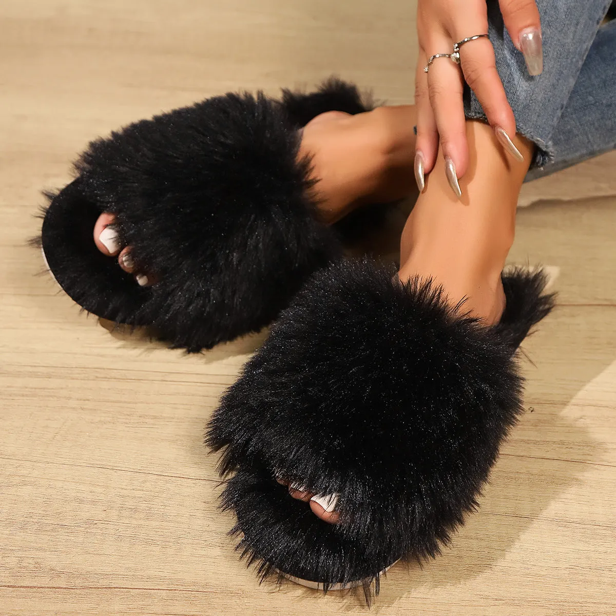 Open-toe Plush Slippers