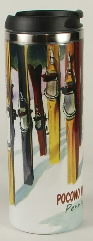 Pocono Mountains 14oz Traveling Mug with classic skis