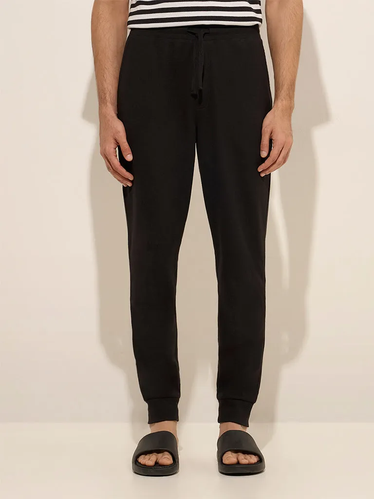 WES Lounge Black Relaxed-Fit Mid Rise Cotton-Blend Joggers