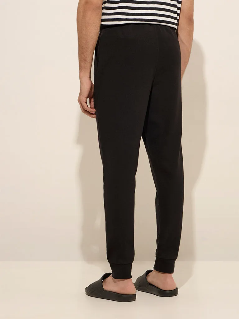 WES Lounge Black Relaxed-Fit Mid Rise Cotton-Blend Joggers