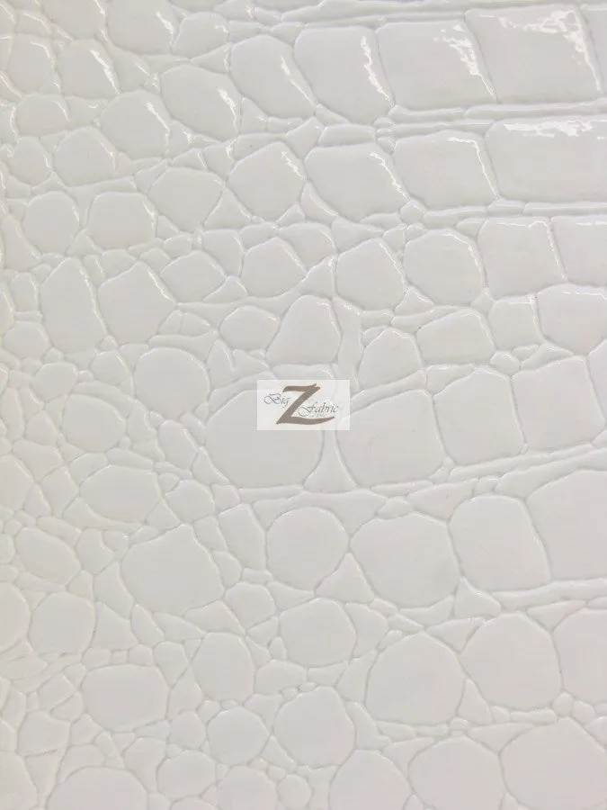 White Vinyl Embossed Shiny Alligator Fabric / Sold By The Yard