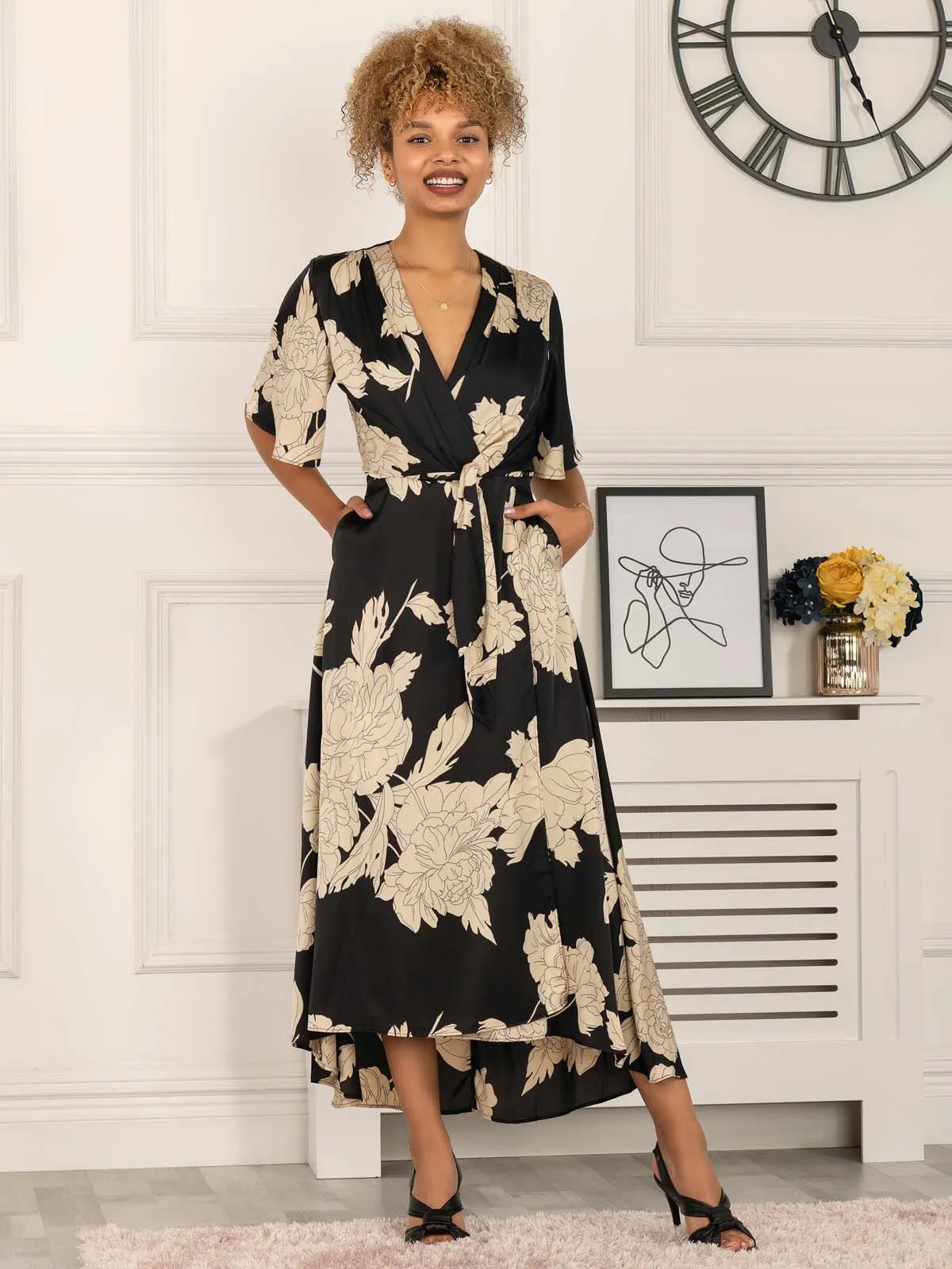 Willow Satin Wrap Tie Waist Dress, Black/White